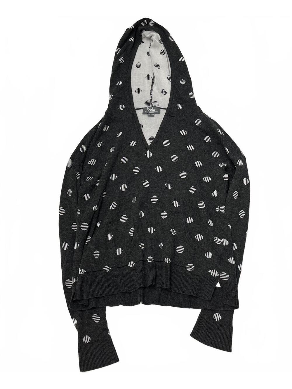 Belle By Belldini Grey White Polka Dot V Neck Hoodie Sweater Sz S Emo Grunge